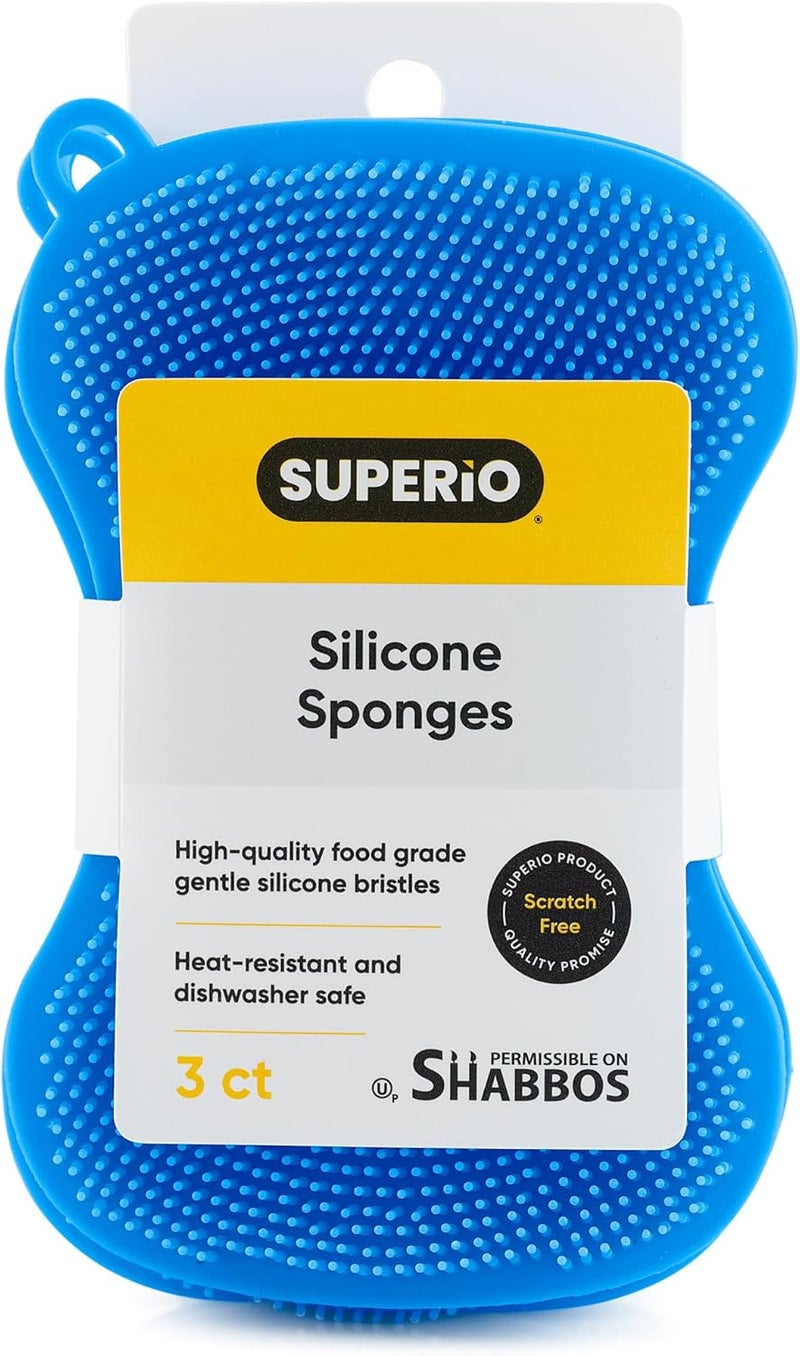 Superio Silicone Heat Resistant Dishwasher Sponge Fruit Cleaner Vegetable Washer Non Scratch Durable Bristles Blue 3Pack - Image 1
