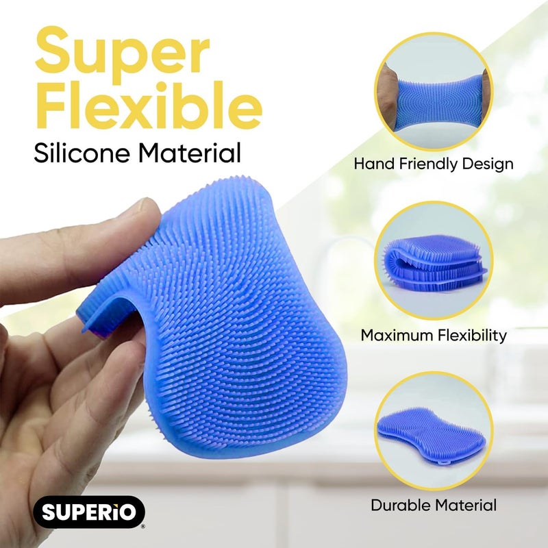 Superio Silicone Heat Resistant Dishwasher Sponge Fruit Cleaner Vegetable Washer Non Scratch Durable Bristles Blue 3Pack - Image 3