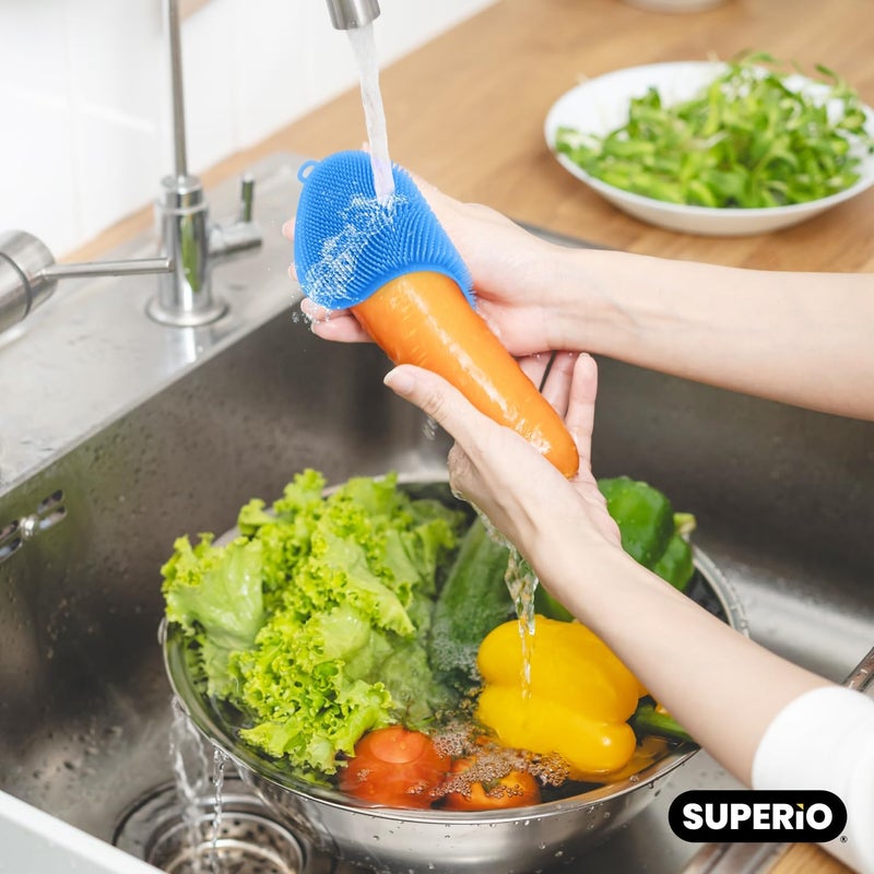 Superio Silicone Heat Resistant Dishwasher Sponge Fruit Cleaner Vegetable Washer Non Scratch Durable Bristles Blue 3Pack - Image 5