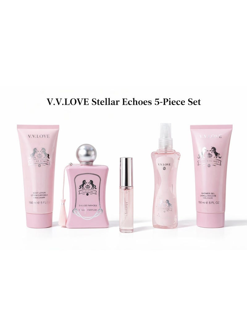 مجموعة هدايا V.V.LOVE Stellar Echoes خماسية القطع - عطر، لوشن للجسم، جل استحمام، معطر للجسم، عطر صغير للسفر