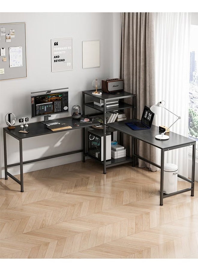 طاولة كمبيوتر سوداء مع رف كتب، طاولة مكتب زاوية على شكل حرف L للاستخدام المنزلي أو دراسة الطلاب - Image 1