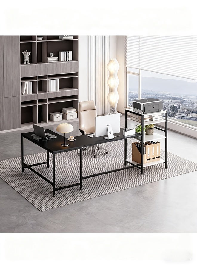 طاولة كمبيوتر سوداء مع رف كتب، طاولة مكتب زاوية على شكل حرف L للاستخدام المنزلي أو دراسة الطلاب - Image 3