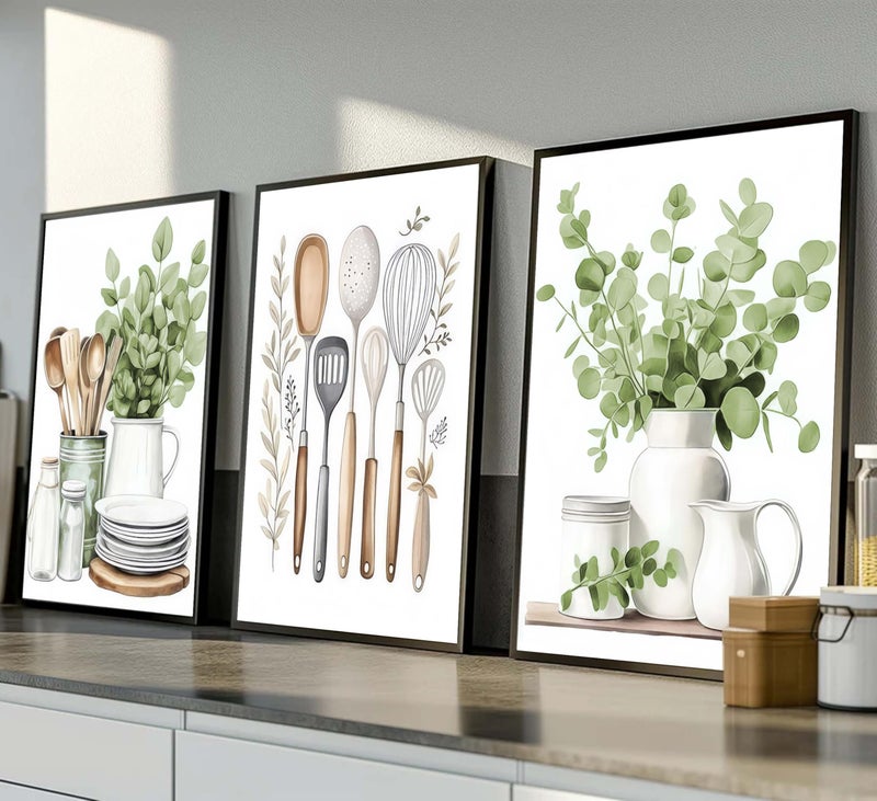 JJX 3 Pcs Sage Green Farmhouse Kitchen Canvas Wall Art Minimalist Dining Room Eucalyptus leaves plant Painting Pictures Wall Decor Poster Print Artwork For Dining Room kitchen Home Decoration Unframed - Image 3