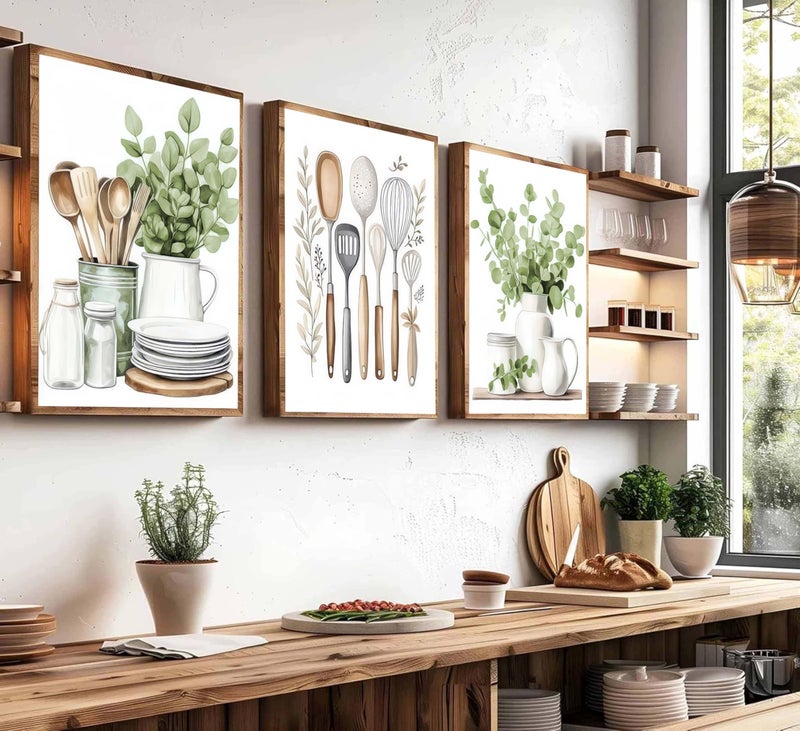JJX 3 Pcs Sage Green Farmhouse Kitchen Canvas Wall Art Minimalist Dining Room Eucalyptus leaves plant Painting Pictures Wall Decor Poster Print Artwork For Dining Room kitchen Home Decoration Unframed - Image 5