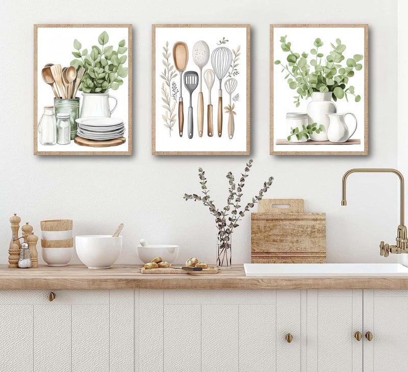 JJX 3 Pcs Sage Green Farmhouse Kitchen Canvas Wall Art Minimalist Dining Room Eucalyptus leaves plant Painting Pictures Wall Decor Poster Print Artwork For Dining Room kitchen Home Decoration Unframed - Image 4