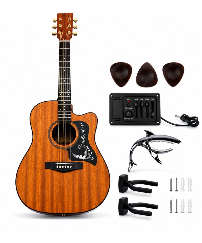 MegArya Acoustic Electric Guitar with Separate EQ Control System, 6-String Cutaway Acoustic Guitar with Capo, Picks & Wall Mount Supports, Natural Wood-Look Finish - Image 1