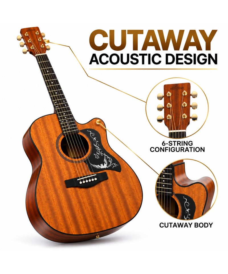 MegArya Acoustic Electric Guitar with Separate EQ Control System, 6-String Cutaway Acoustic Guitar with Capo, Picks & Wall Mount Supports, Natural Wood-Look Finish - Image 4