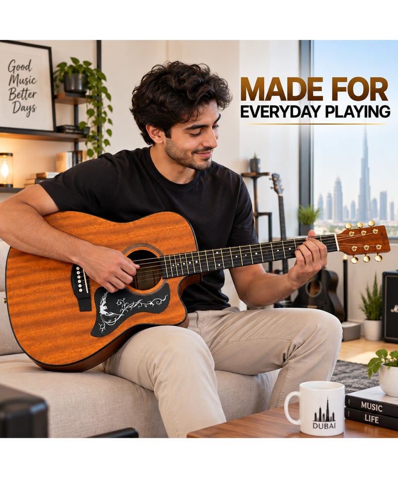 MegArya Acoustic Electric Guitar with Separate EQ Control System, 6-String Cutaway Acoustic Guitar with Capo, Picks & Wall Mount Supports, Natural Wood-Look Finish - Image 5