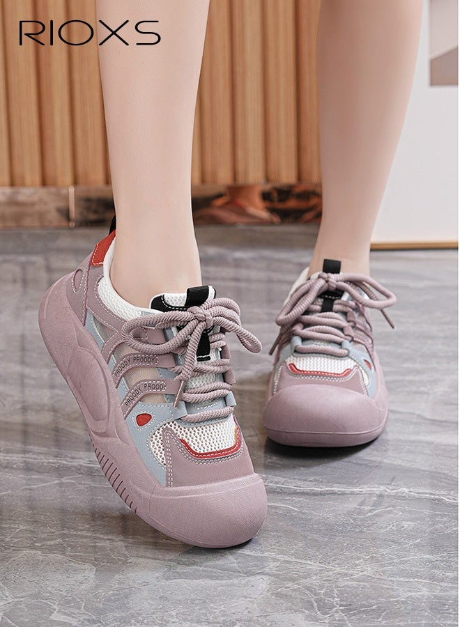 ريوكس أحذية رياضية نسائية غير رسمية، أحذية رياضية ذات نعل سميك وشبكة قابلة للتنفس، أحذية رياضية غير رسمية خفيفة الوزن ومضادة للانزلاق، أحذية نسائية أنيقة ذات مقدمة مستديرة للمشي، أحذية رياضية كلاسيكية برباط، أحذية رياضية نسائية مريحة للتمرين/العمل/الخروج/الارتداء اليومي، لون أرجواني - Image 1