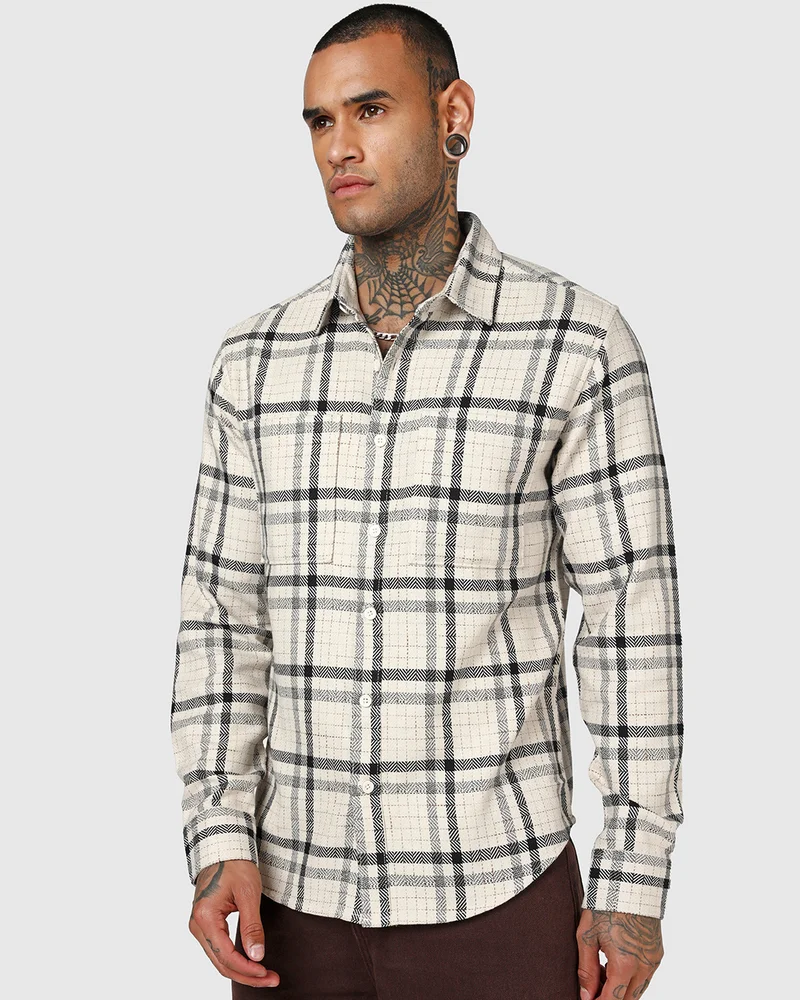 bewakoof Men's Off White Checked Shacket