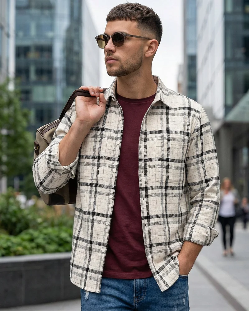 بيواكوف Men's Off White Checked Shacket