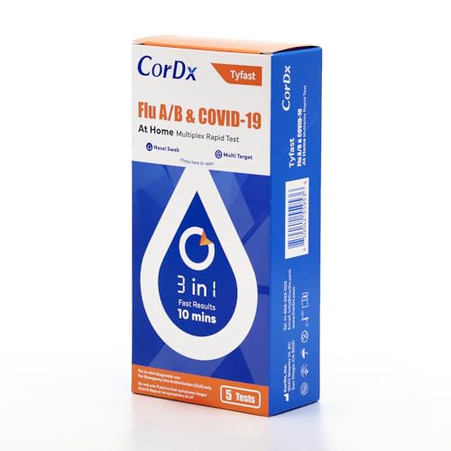 CorDx TyFast 10 Mins Flu A/B & Covid 19 Multiplex Rapid Test, Results in 10 Minutes—Precision Skip The 15 Wait, EUA Authorized, at Home 3 in 1 Combo Kit, 5 Tests, Use-Friendly & No Discomfort - Image 1