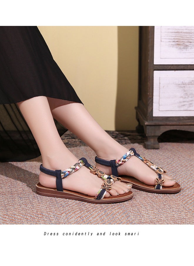 NIBEMINENT Summer Sandals for Women Flat Heel Knit Elastic Strap Bohemia Retro Casual Comfortable Breath Beach Ladies Shoes  - Image 3