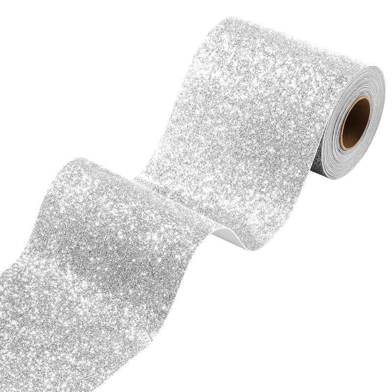 Stickyart Silver Wallpaper Border Self Adhesive Sparkle Wall Borders Peel and Stick Removable Glitter Fabric Wallpaper Border Decorative Bedroom Living Room Walls Crafts Bulletin Boards 394x160