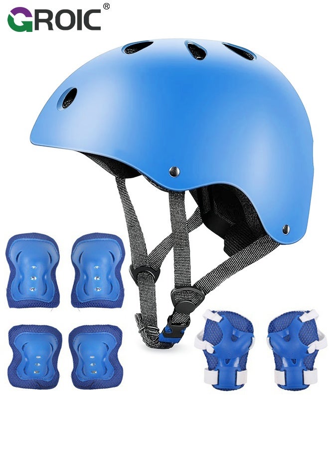 GROIC Kids Protective Gear Adjustable Protective Helmet,Kids Helmet Knee Elbow Pads Wrist Guard Sport Protective Gear Adjustable Scooter Skateboard Roller Bike Skate Cycling Safety Set(Blue) - Image 1