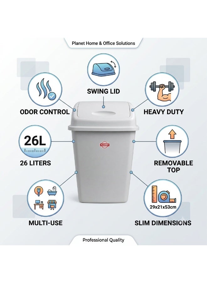 PLANET 26 Liter Swing-Top Trash Can with Self-Closing Lid – Odor-Control Waste Bin for Kitchen, Bathroom & Office, Durable Easy-Clean Plastic (Light Grey) - Image 5