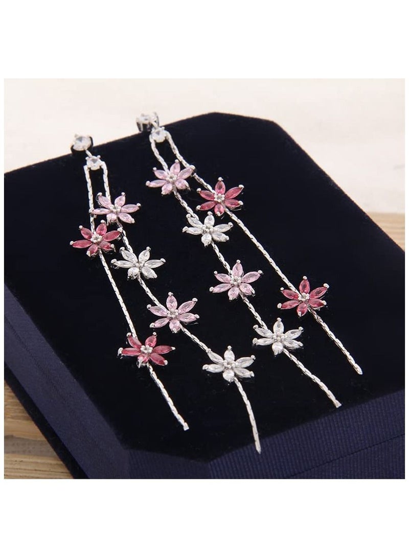 KASTWAVE Flower Drop Earrings 925 Silver needle pin with AAA Grade Cubic Zirconia Droplet Dangle Earrings for Women Girls Elegant Long Threader Earrings - Image 3