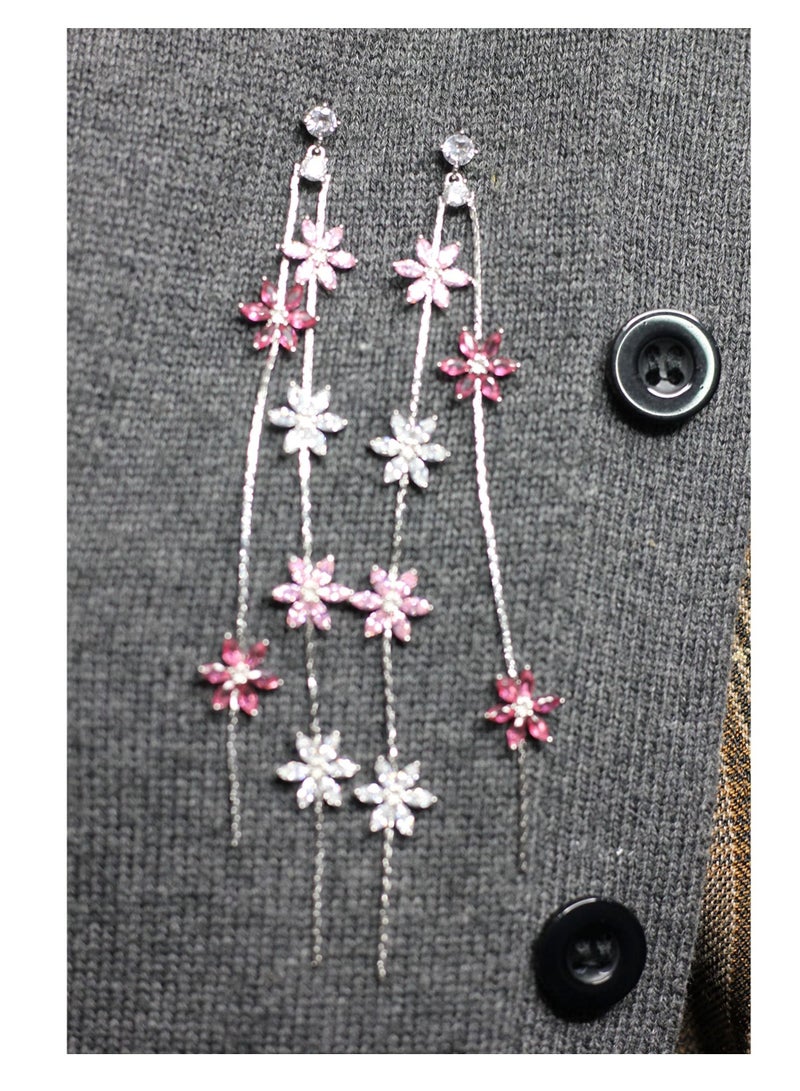 KASTWAVE Flower Drop Earrings 925 Silver needle pin with AAA Grade Cubic Zirconia Droplet Dangle Earrings for Women Girls Elegant Long Threader Earrings - Image 5