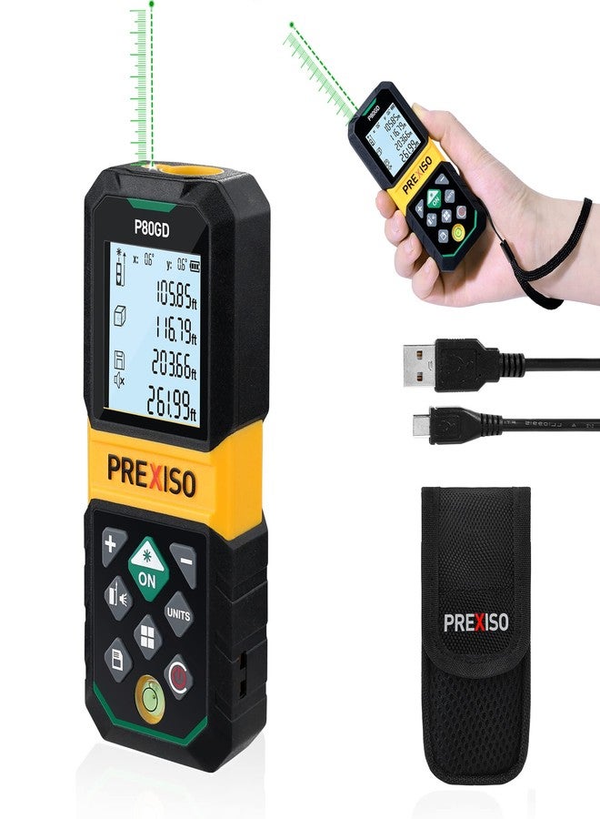 PREXISO Laser Measure Rechargeable, 265Ft Green Beam Laser Measurement Tool with Angle Sensor& 30 Sets Data Storage &1/4"-20 Threaded Hole - Ft/Ft+in/in/M Units - Pythagorean Mode, Area, Volume - Image 1