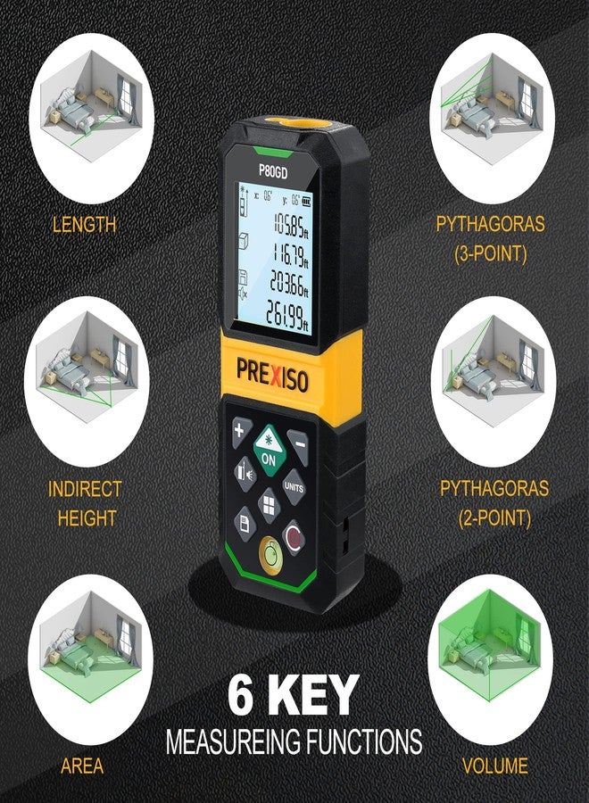 PREXISO Laser Measure Rechargeable, 265Ft Green Beam Laser Measurement Tool with Angle Sensor& 30 Sets Data Storage &1/4"-20 Threaded Hole - Ft/Ft+in/in/M Units - Pythagorean Mode, Area, Volume - Image 5