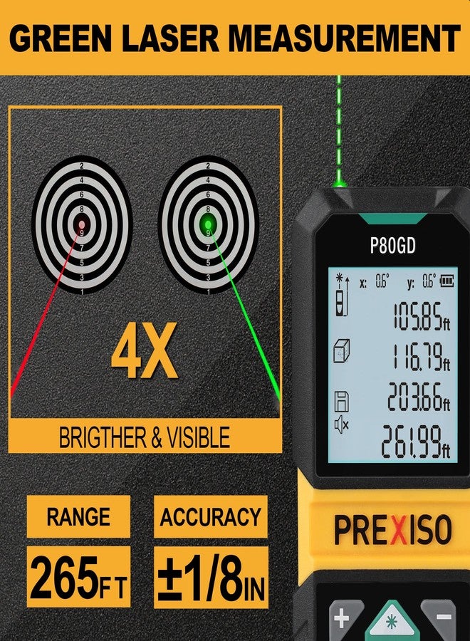 PREXISO Laser Measure Rechargeable, 265Ft Green Beam Laser Measurement Tool with Angle Sensor& 30 Sets Data Storage &1/4"-20 Threaded Hole - Ft/Ft+in/in/M Units - Pythagorean Mode, Area, Volume - Image 4