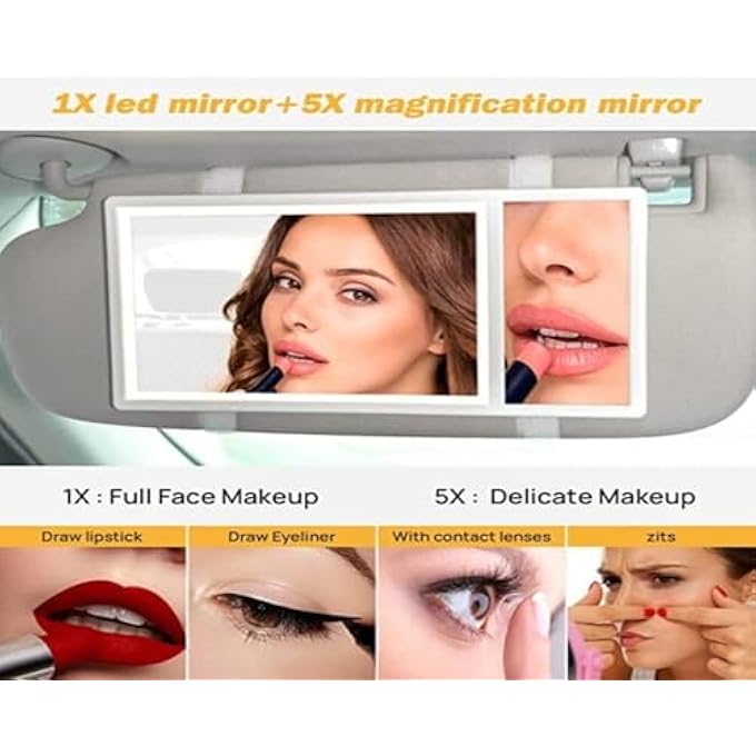 Showkah Car Visor Vanity Mirror with 5X Magnification LED Lighted Makeup Mirror, 3 Light Modes, Dimmable Touchscreen, USB-C Rechargeable, Universal Fit for Car Sun Visor Black - Image 4