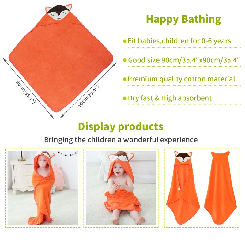 MICHLEY Animal Hooded Baby Towel Washcloth, Toddler Premium Cotton Absorbent Bathrobe for Girls Boys 0-6T (Fox) - Image 4