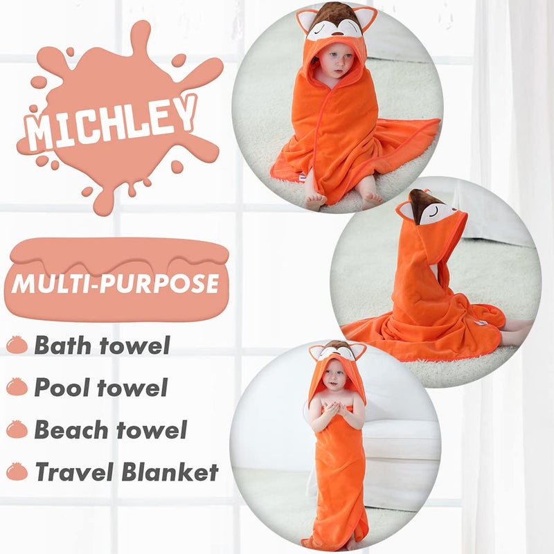 MICHLEY Animal Hooded Baby Towel Washcloth, Toddler Premium Cotton Absorbent Bathrobe for Girls Boys 0-6T (Fox) - Image 2