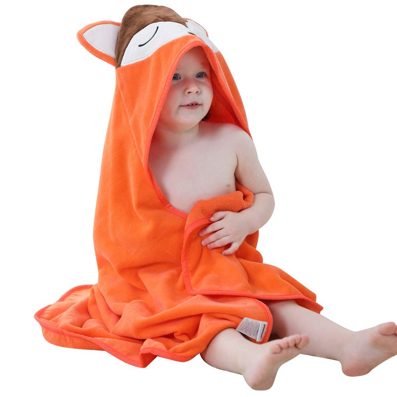 MICHLEY Animal Hooded Baby Towel Washcloth, Toddler Premium Cotton Absorbent Bathrobe for Girls Boys 0-6T (Fox) - Image 1
