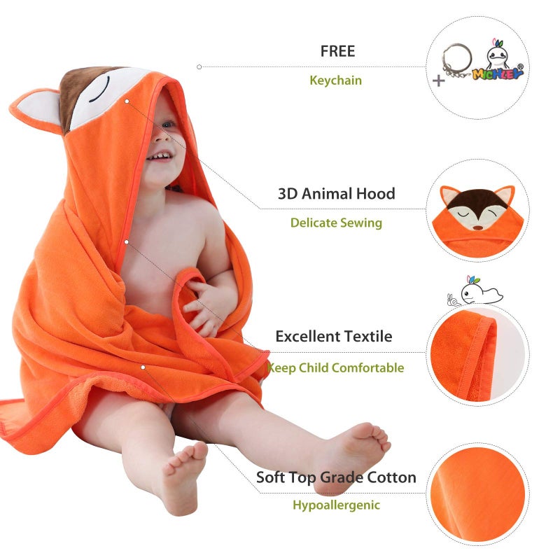 MICHLEY Animal Hooded Baby Towel Washcloth, Toddler Premium Cotton Absorbent Bathrobe for Girls Boys 0-6T (Fox) - Image 3
