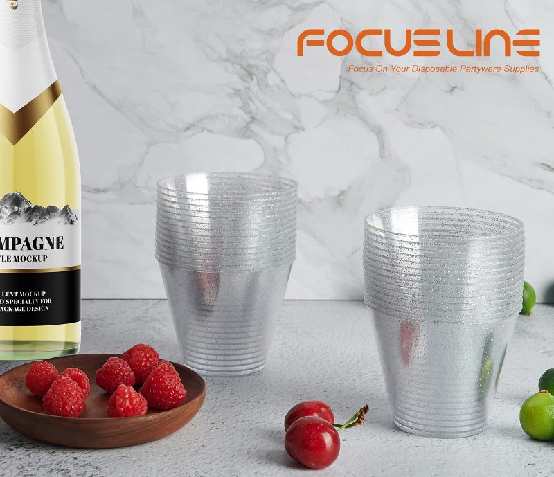 FOCUSLINE 9 oz Silver Plastic Cups  Disposable Clear Fancy Hard Plastic Cups  Silver Glitter  Heavy Duty  Reusable 100 Count - Image 3