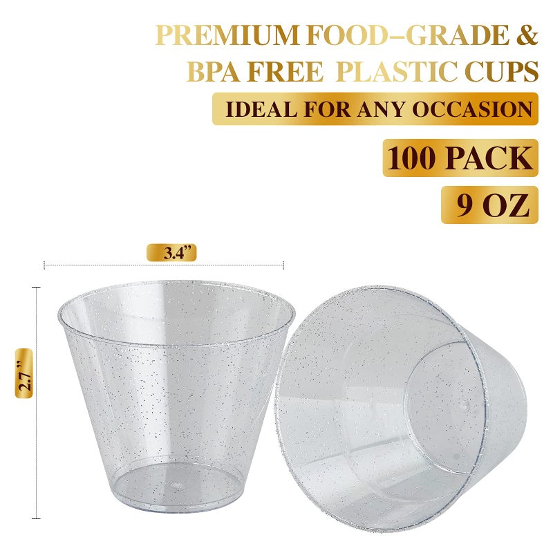 FOCUSLINE 9 oz Silver Plastic Cups  Disposable Clear Fancy Hard Plastic Cups  Silver Glitter  Heavy Duty  Reusable 100 Count - Image 2