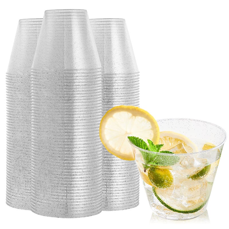 FOCUSLINE 9 oz Silver Plastic Cups  Disposable Clear Fancy Hard Plastic Cups  Silver Glitter  Heavy Duty  Reusable 100 Count - Image 1
