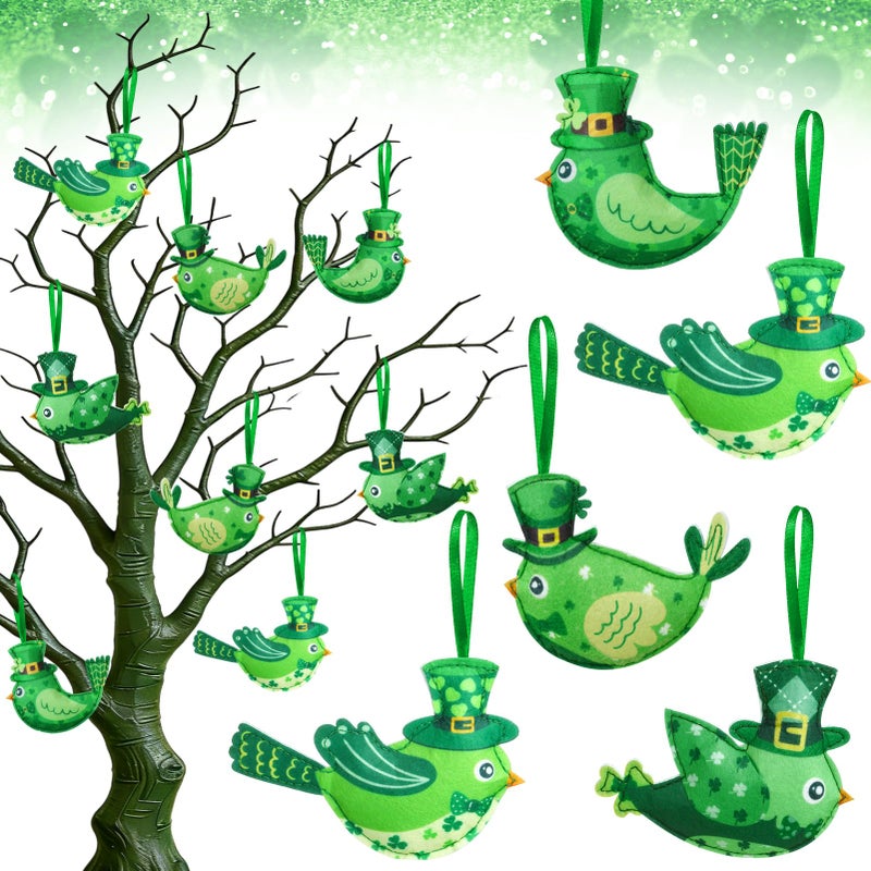 FULAIERGD 12 Pcs St Patricks Day Tree Decoration4 Style Birds Felt Saint Patricks Day Tree Hanging Ornament Decoration Green Fabric Shamrock Ornaments for Tree Baubles Table Shelf Festival Home Party Decor - Image 2