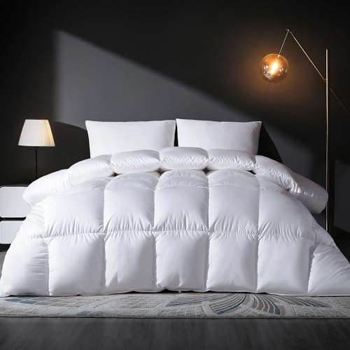 DOWNSTORIA Feather Down Comforter King Size Duvet Insert Light Weight True BaffleBox Noiseless Bedding Comforters Soft Hotel Collection Bed Comforter Medium Warmth White 106 X 90 in - Image 1