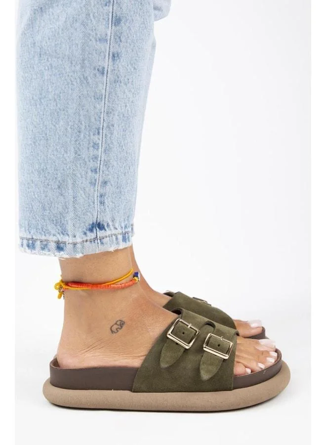 Manijero  Lirio Women's Genuine Leather Single-Strap Double-Buckle Khaki Slippers. for Women | Best Price UAE