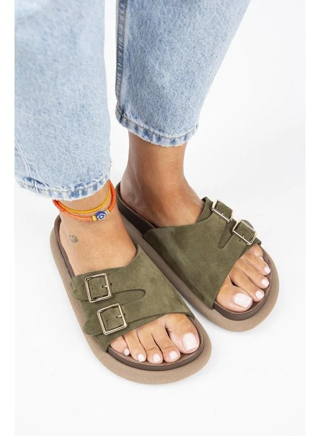 Lirio Women's Genuine Leather Single-Strap Double-Buckle Khaki Slippers.