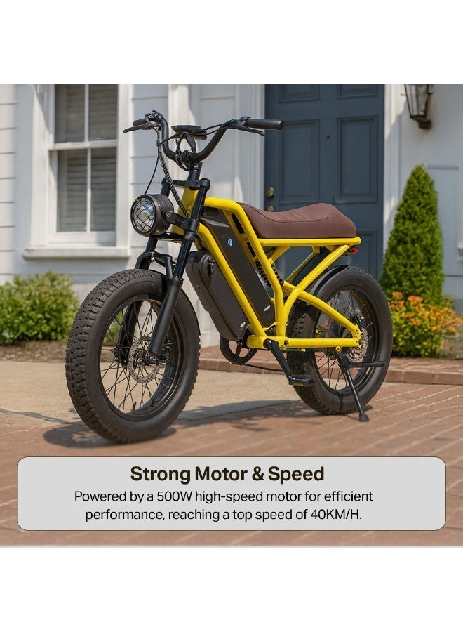 mankeel Electric Bike 48V 500W, Battery Cycle & Electric Motorcycle Style, Solid Tires, 12Ah Battery, 40KM Range, 40KM/H Speed, Front & Rear Disc Brakes, Ride-Ons & E-Bikes for Adults, Yellow - Image 3