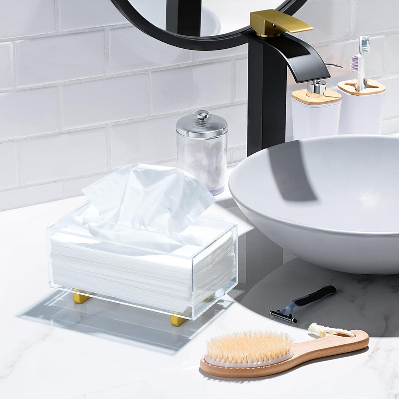 YoBa Thick Acrylic Tissue Box Holder Rectangular Clear Tissue Box Dispenser with Gold Plated Aluminum Legs for Bathroom, Kitchen, Bedroom, Office, Hotels and Restaurant - Image 3