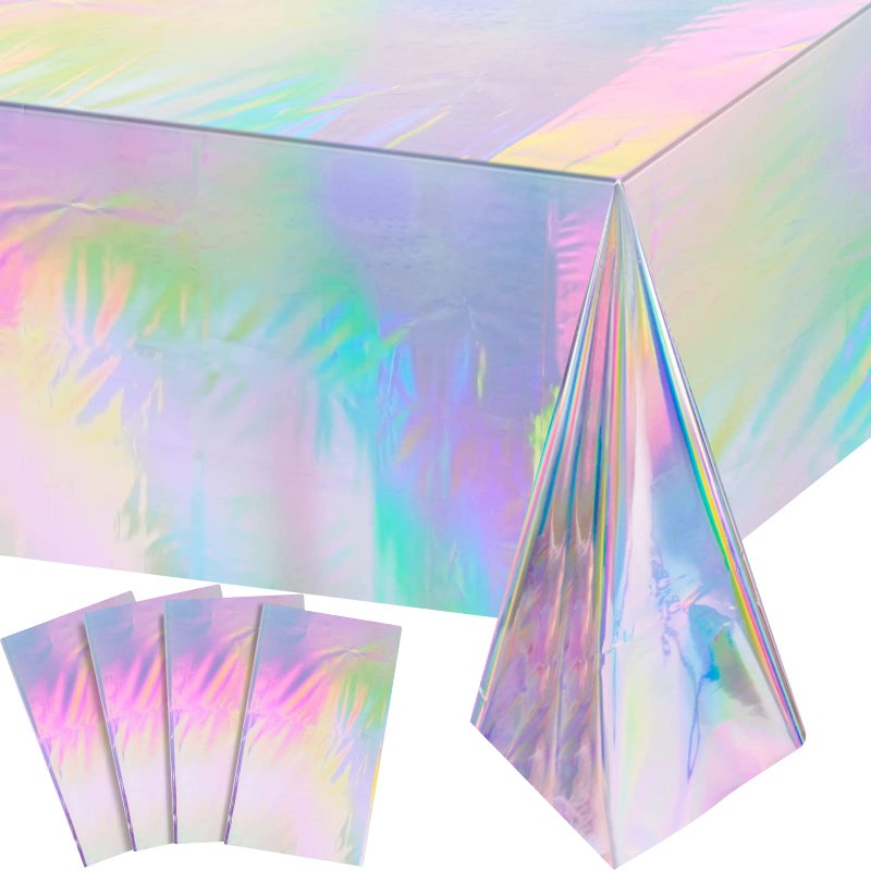 FunnyPars 4 Pack Iridescent Plastic Tablecloths, Shiny Disposable Laser Rectangle Table Covers, Holographic Foil Tablecloth Iridescent Birthday Party Supplies Decorations - Image 1