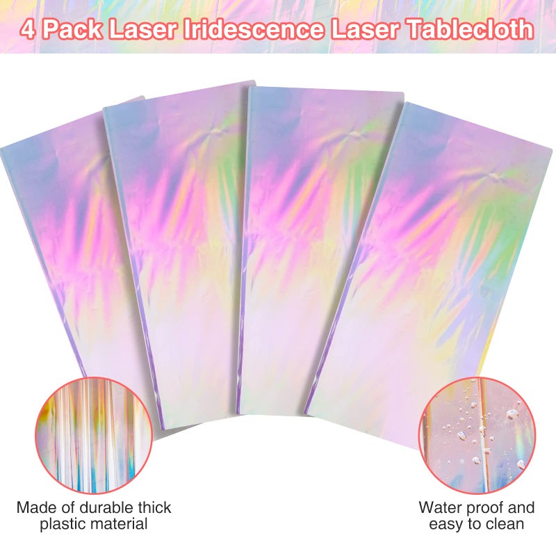 FunnyPars 4 Pack Iridescent Plastic Tablecloths, Shiny Disposable Laser Rectangle Table Covers, Holographic Foil Tablecloth Iridescent Birthday Party Supplies Decorations - Image 4