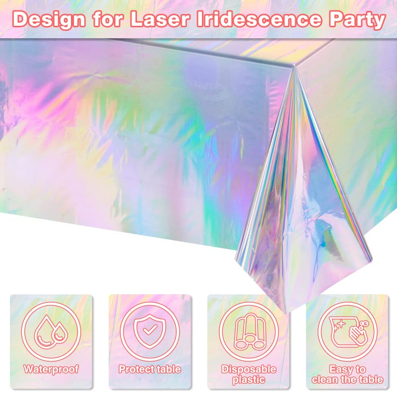 FunnyPars 4 Pack Iridescent Plastic Tablecloths, Shiny Disposable Laser Rectangle Table Covers, Holographic Foil Tablecloth Iridescent Birthday Party Supplies Decorations - Image 3