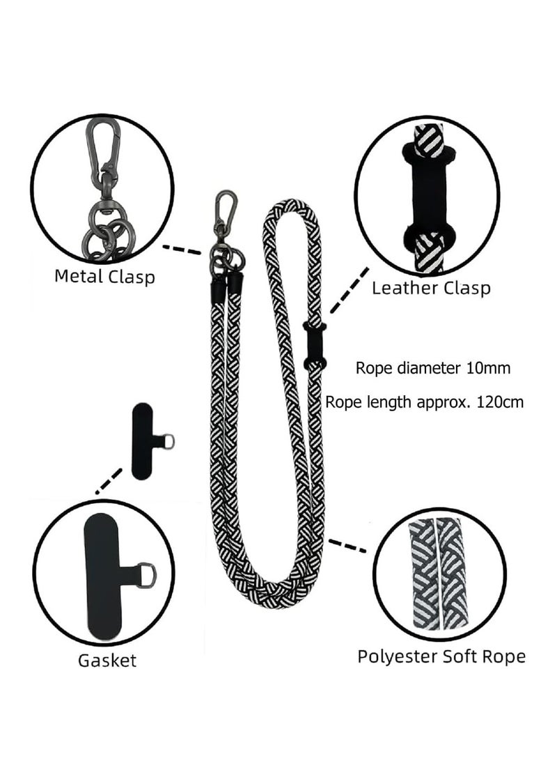 120CM Cell Phone Lanyard Adjustable Crossbody Cell Phone Strap With Additional Hook For Airpods Cover Keychain Wallet- Black/White 10MM Thick - Image 2
