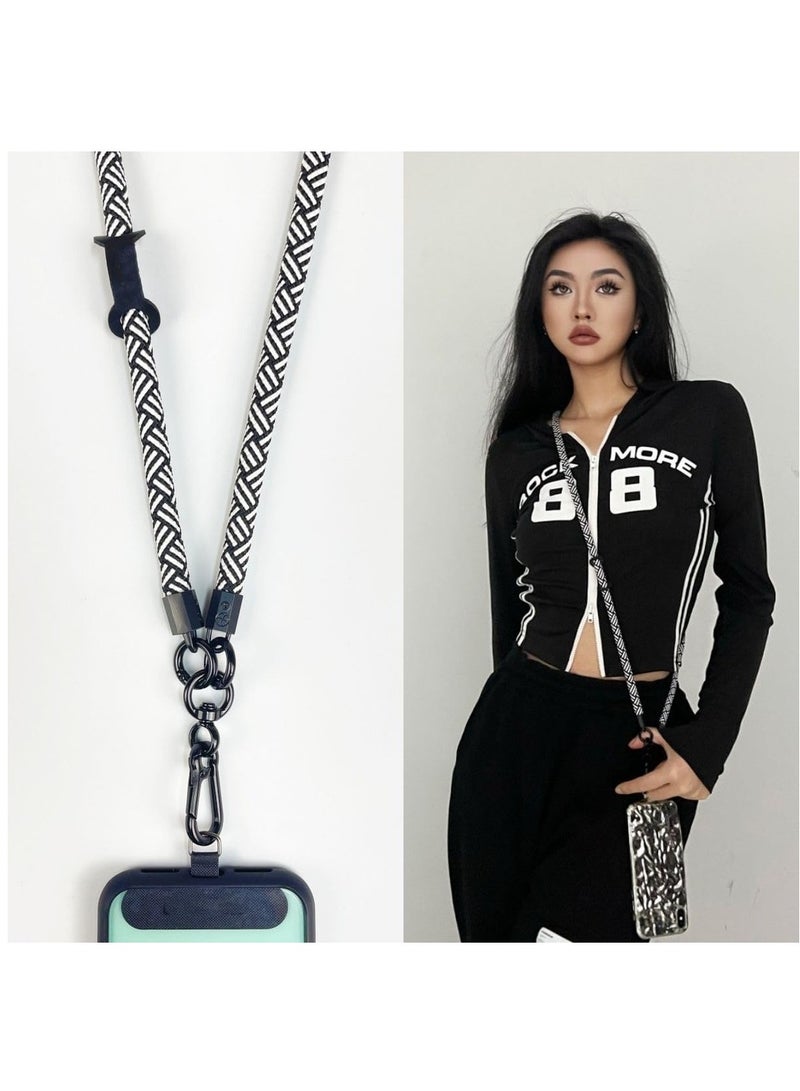 120CM Cell Phone Lanyard Adjustable Crossbody Cell Phone Strap With Additional Hook For Airpods Cover Keychain Wallet- Black/White 10MM Thick - Image 5