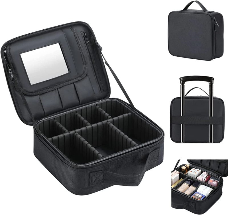 COSLUXE Nylon Travel Makeup Bag Makeup Cosmetic Bag CaseVanity Bag Organizer Portable Artist Storage Bag With Adjustable Dividers For Cosmetics Makeup Brushes Jewelry Digital Accessories  Black - Image 1