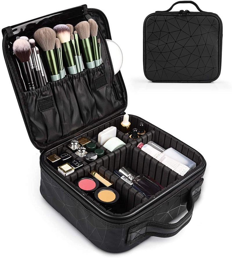 COSLUXE Nylon Travel Makeup Bag Makeup Cosmetic Bag CaseVanity Bag Organizer Portable Artist Storage Bag With Adjustable Dividers For Cosmetics Makeup Brushes Jewelry Digital Accessories  Black - Image 3