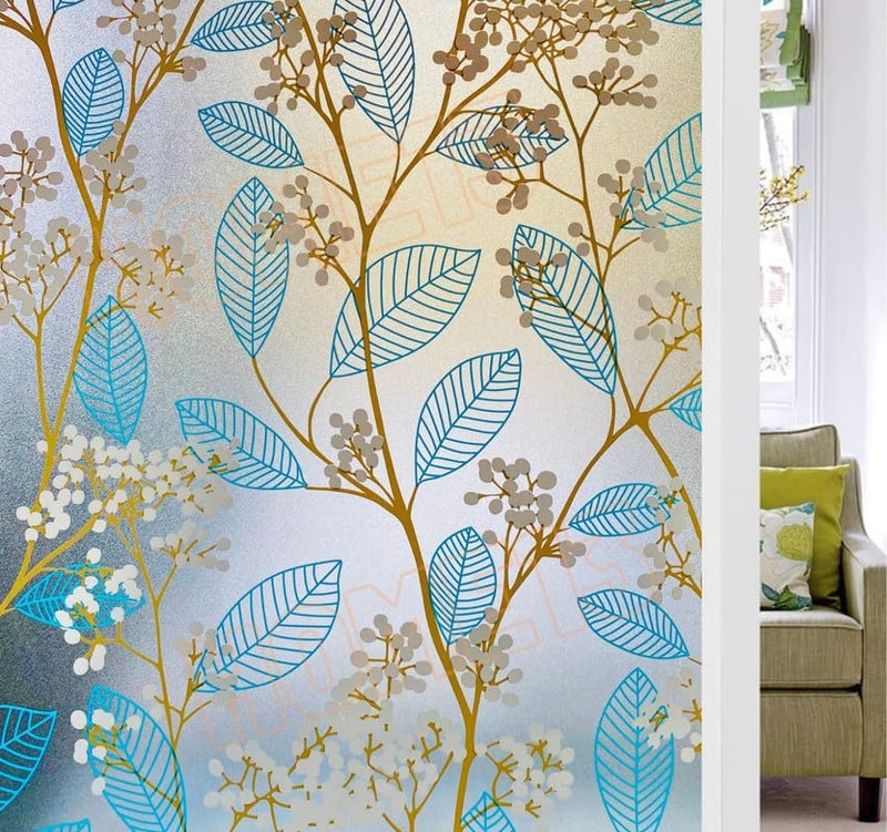 HOME13 Blue Leaf Frosted Window Film Anti UV Privacy Self Adhesive Window Glass Sticker for Home & Offie (24"x118" Inch, Blue Leaves Frosted) - Image 1
