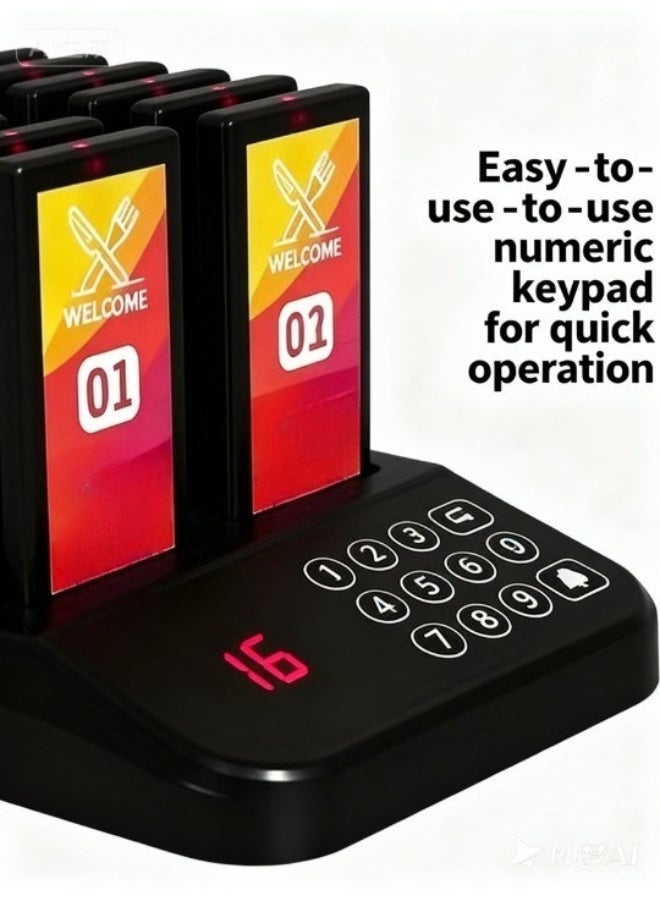 Wireless Restaurant Pager System – 16 Durable Call Chips, 500m² Coverage, Vibration, LED & Beep Alerts, Waterproof, Oil-Resistant, Easy to Use, Black - Image 2