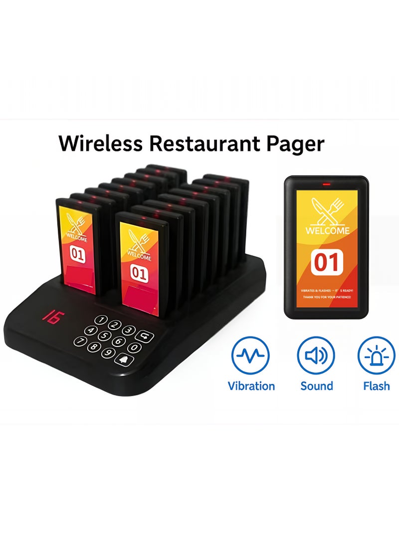 Wireless Restaurant Pager System – 16 Durable Call Chips, 500m² Coverage, Vibration, LED & Beep Alerts, Waterproof, Oil-Resistant, Easy to Use, Black - Image 1