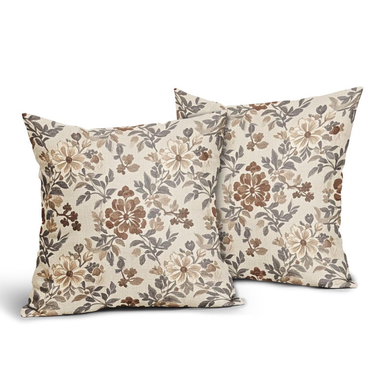 Sivirary Brown Vintage Floral Pillow Covers 18x18 Inch Set of 2, Grey Gray Antique Flower Block Print Pattern Decorative Throw Pillowcases Outdoor Farmhouse Cushion Covers Art Decor for Sofa Couch Bed - Image 2